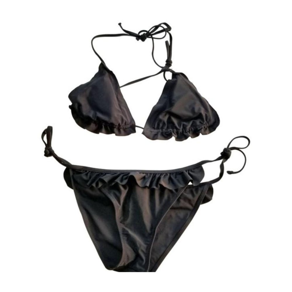 Cute Black String Bikini with Ruffles
